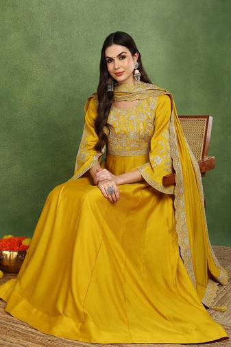 mustard silk blend solid embroidered anarkali gown with dupatta