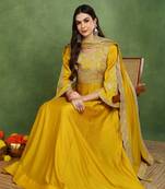 mustard silk blend solid embroidered anarkali gown with dupatta