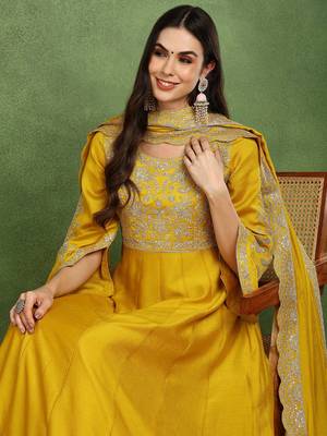 mustard silk blend solid embroidered anarkali gown with dupatta 2