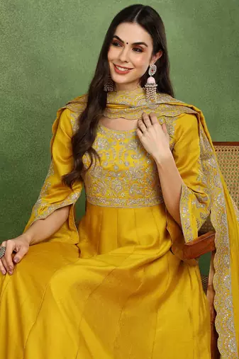 mustard silk blend solid embroidered anarkali gown with dupatta