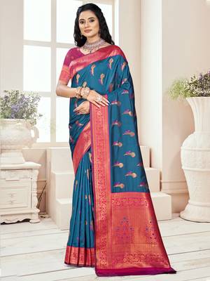 Sangam prints blue silk woven work traditional saree 1