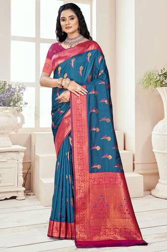 Sangam prints blue silk woven work traditional saree