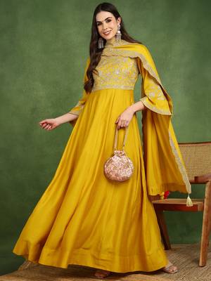 mustard silk blend solid embroidered anarkali gown with dupatta 3