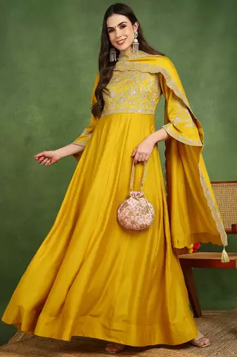 mustard silk blend solid embroidered anarkali gown with dupatta