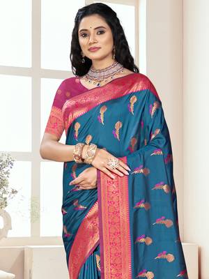 Sangam prints blue silk woven work traditional saree 2