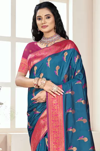 Sangam prints blue silk woven work traditional saree