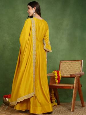 mustard silk blend solid embroidered anarkali gown with dupatta 4