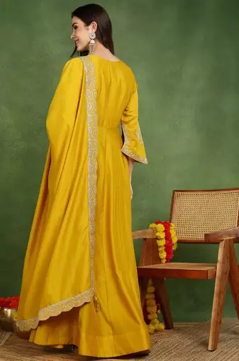 mustard silk blend solid embroidered anarkali gown with dupatta