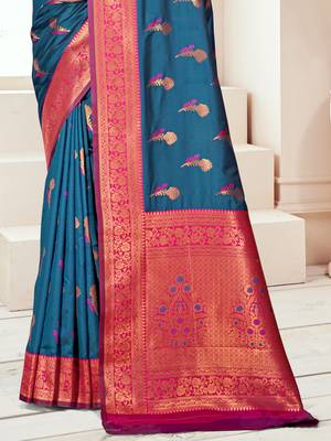 Sangam prints blue silk woven work traditional saree 3