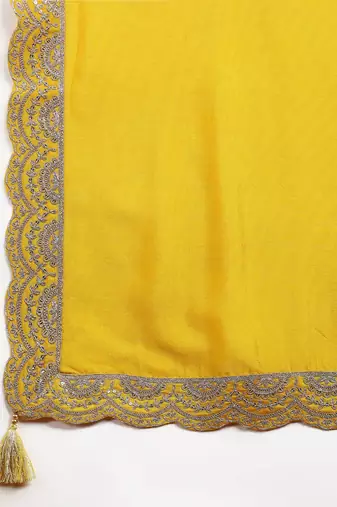 mustard silk blend solid embroidered anarkali gown with dupatta