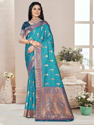 Sangam prints sky blue silk woven work traditional saree 1