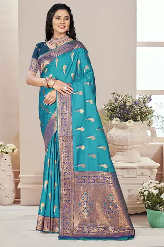 Sangam prints sky blue silk woven work traditional saree