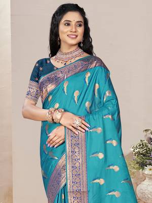 Sangam prints sky blue silk woven work traditional saree 2