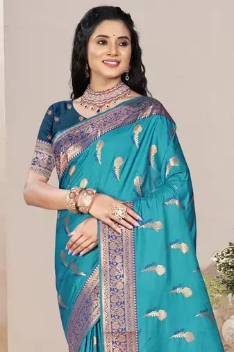 Sangam prints sky blue silk woven work traditional saree