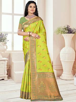 Sangam prints parrot green silk woven work traditional saree 1