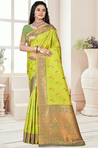 Sangam prints parrot green silk woven work traditional saree