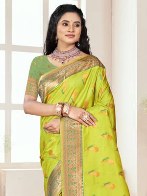 Sangam prints parrot green silk woven work traditional saree 2