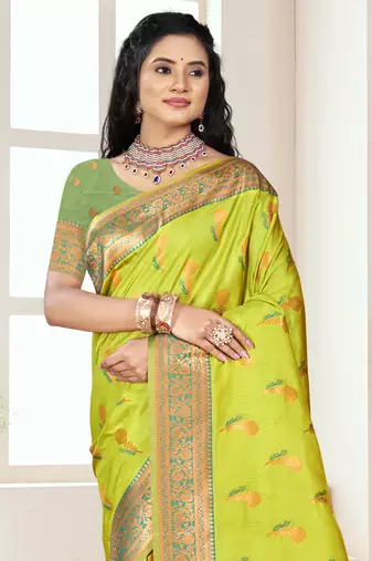 Sangam prints parrot green silk woven work traditional saree