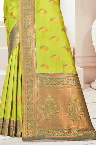 Sangam prints parrot green silk woven work traditional saree