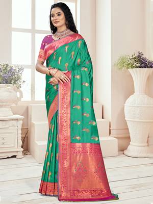 Sangam prints teal green silk woven work traditional saree 1