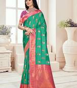 Sangam prints teal green silk woven work traditional saree