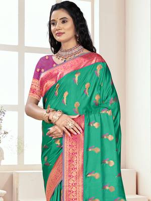 Sangam prints teal green silk woven work traditional saree 2
