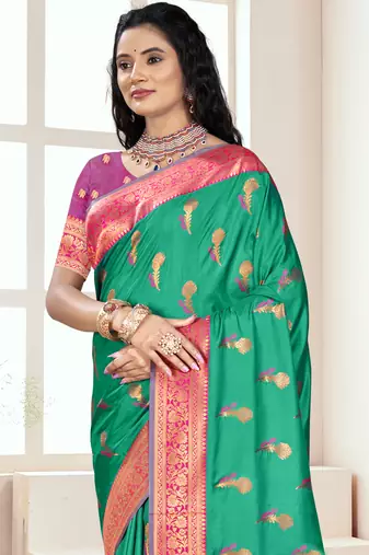Sangam prints teal green silk woven work traditional saree