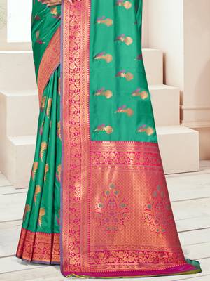 Sangam prints teal green silk woven work traditional saree 3