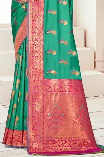 Sangam prints teal green silk woven work traditional saree