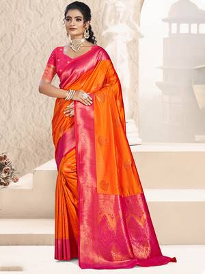 Sangam prints orange silk woven work traditional saree 1