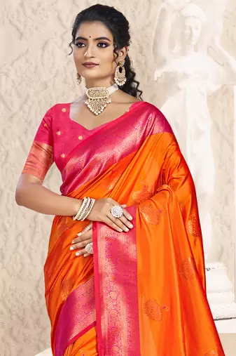 Sangam prints orange silk woven work traditional saree