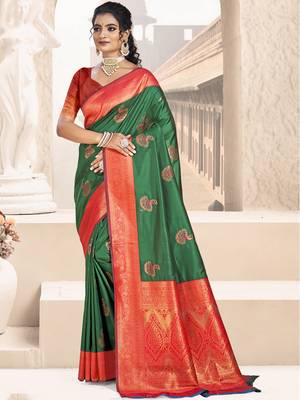 Sangam prints dark green silk woven work traditional saree 1