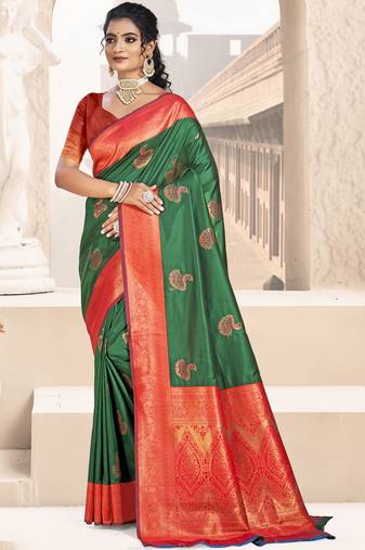 Sangam prints dark green silk woven work traditional saree