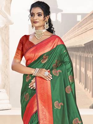 Sangam prints dark green silk woven work traditional saree 2