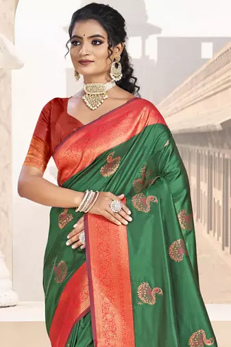 Sangam prints dark green silk woven work traditional saree