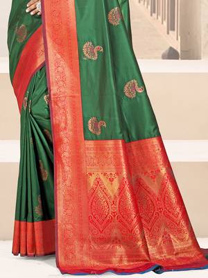 Sangam prints dark green silk woven work traditional saree 3