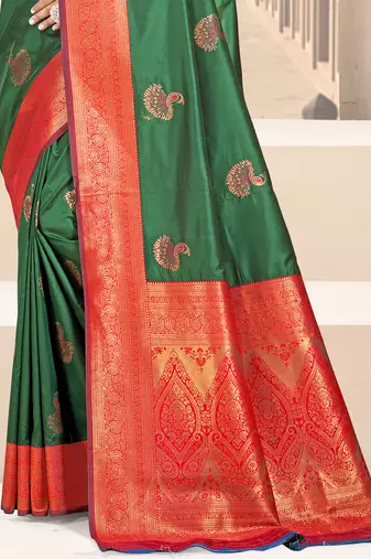 Sangam prints dark green silk woven work traditional saree