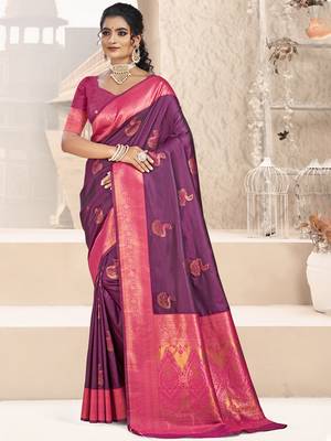 Sangam prints wine silk woven work traditional saree 1