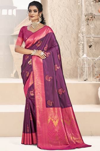 Sangam prints wine silk woven work traditional saree