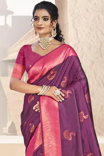 Sangam prints wine silk woven work traditional saree