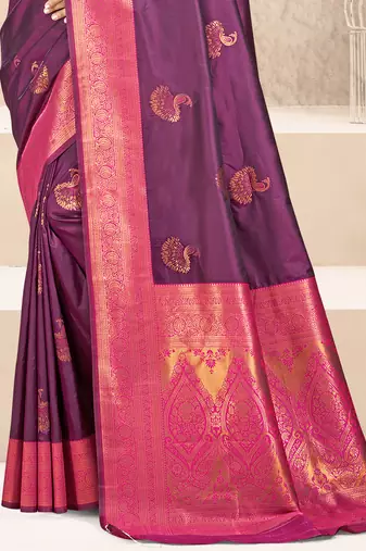 Sangam prints wine silk woven work traditional saree