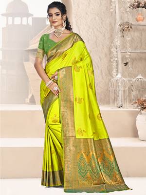 Sangam prints parrot green silk woven work traditional saree 1
