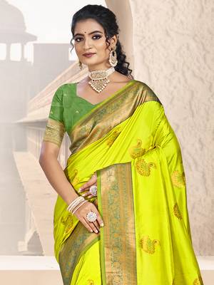 Sangam prints parrot green silk woven work traditional saree 2