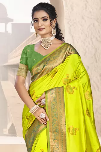 Sangam prints parrot green silk woven work traditional saree