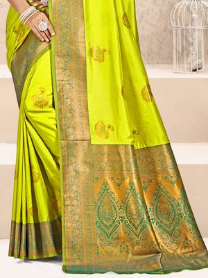Sangam prints parrot green silk woven work traditional saree 3