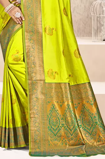 Sangam prints parrot green silk woven work traditional saree