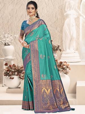 Sangam prints sky blue silk woven work traditional saree 1