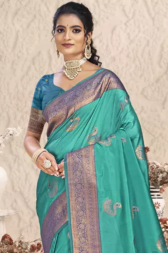 Sangam prints sky blue silk woven work traditional saree