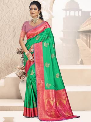 Sangam prints teal green silk woven work traditional saree 1