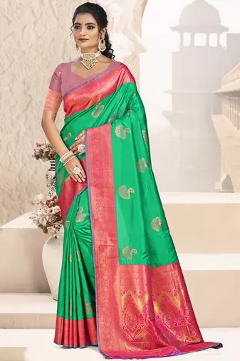 Sangam prints teal green silk woven work traditional saree